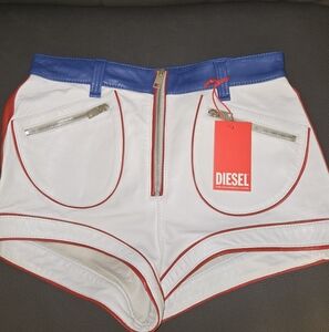 DIESELS-lime-zip Colour-block Leather Shorts In White
